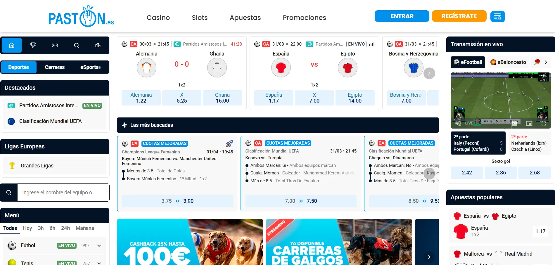Paston apuestas deportivas interfaz
